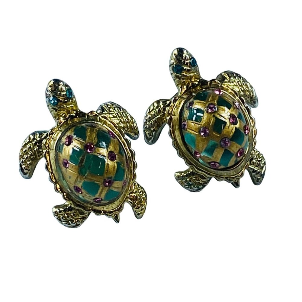 Turtle Earrings Pierced Post Purple Color Rhinestone Accents Gold Color Metal